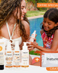 Pack Famille Inaturel avec spray solaire SPF 50+ pour enfant et adulte, lotion après-soleil, et gel douche à la fleur d'oranger. Trousse gratuite incluse.