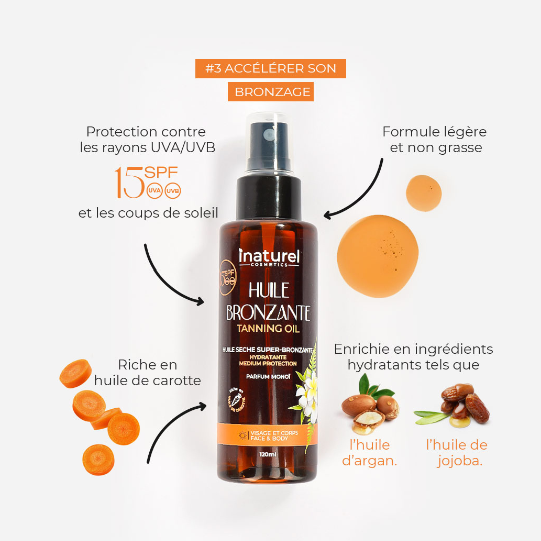 Huile bronzante SPF 15 à base d’huile de carotte, jojoba et argan – Inaturel Maroc, 120 ml