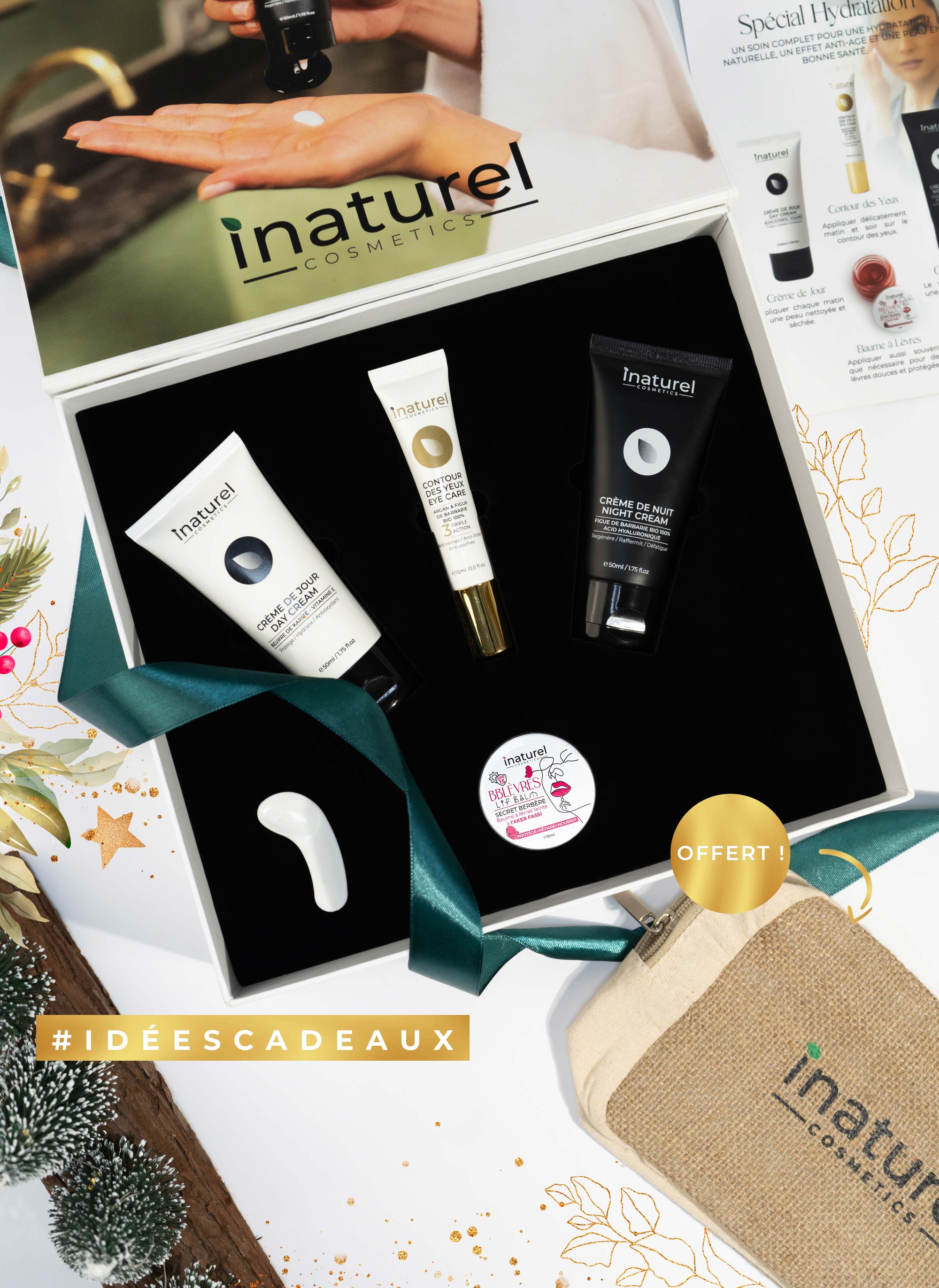 Coffret Hydratation Inaturel - Crème jour, crème nuit, contour des yeux et baume à lèvres, une idée cadeau parfaite pour hydrater et protéger la peau pendant la nouvelle année.