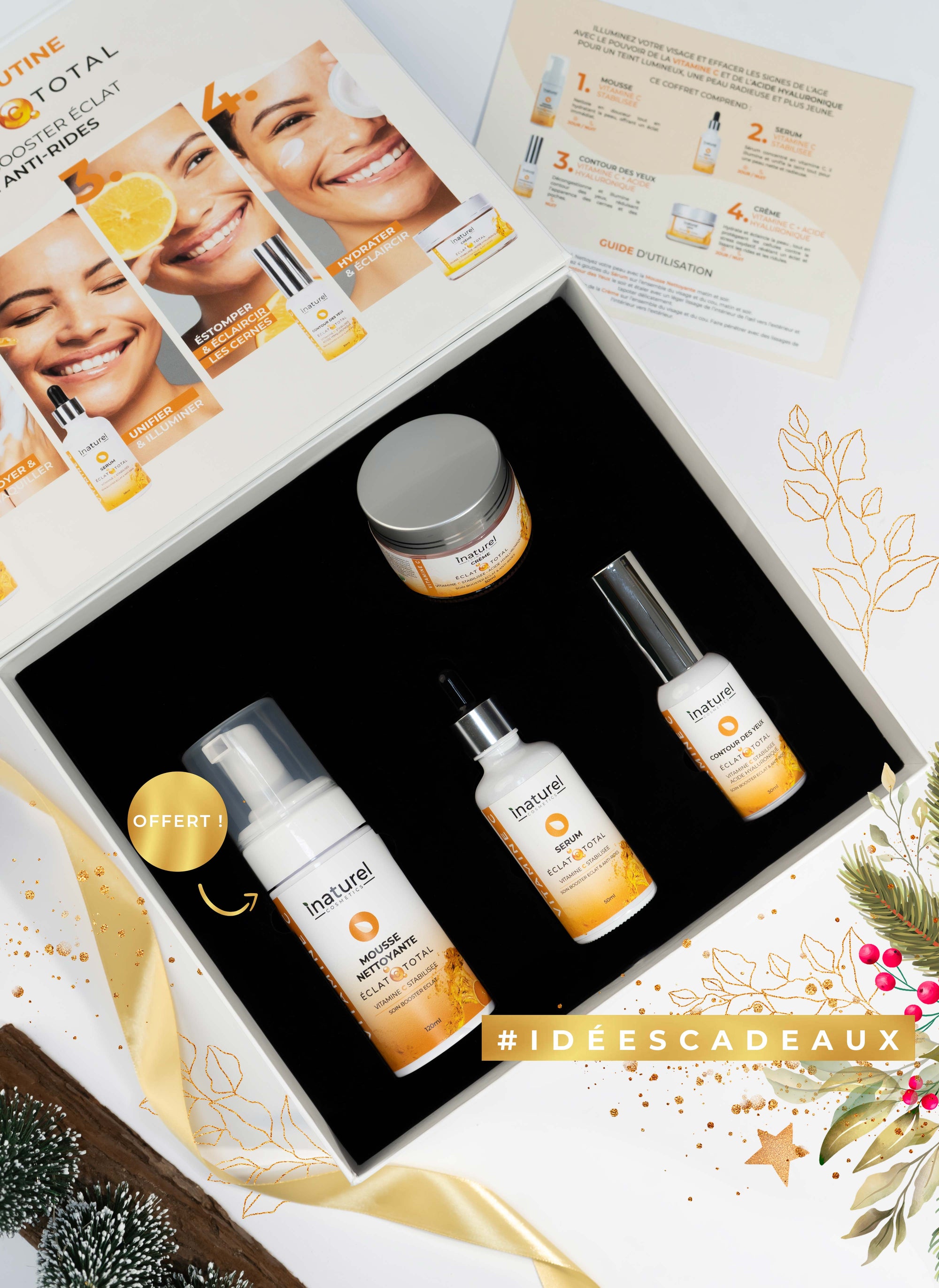 Coffret Routin Éclat Vitamine C Inaturel - Sérum, crème hydratante, contour des yeux et mousse nettoyante, le cadeau idéal pour illuminer et unifier la peau pour la nouvelle année.