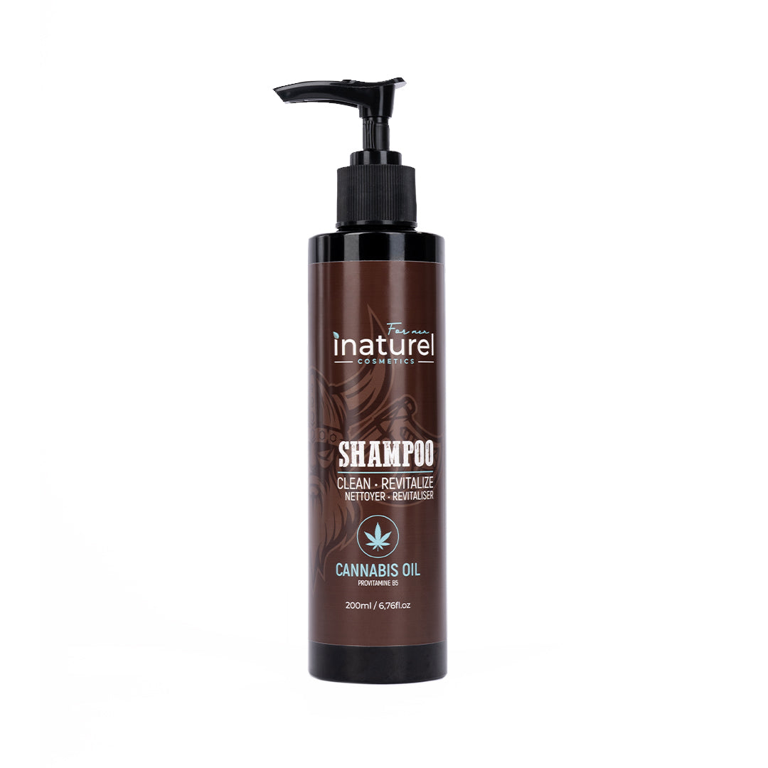 Shampooing Inaturel pour homme 200ml, à base d&#39;huile de chanvre, pour nettoyer, revitaliser et renforcer les cheveux cassants et abîmés.