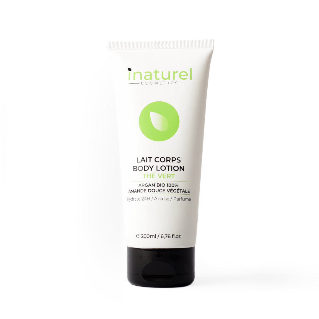 Lait corps Inaturel au thé vert 200ml, hydratant et nourrissant, enrichi en huile d’argan bio et huile d’amande douce, pour une peau douce et parfumée.